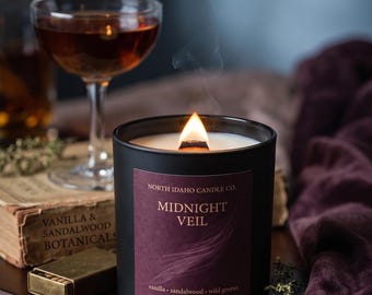 Midnight Veil Candle | Vanilla, Sandalwood & Wild Greens | Luxury Wood Wick Candle | Matte Black Jar | Seductive Home Fragrance