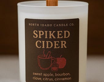 Spiked Cider Candle – Fall Cider Candle – Apple, Bourbon & Cinnamon – Cozy Autumn Cocktail Scent – Frosted Jar Candle