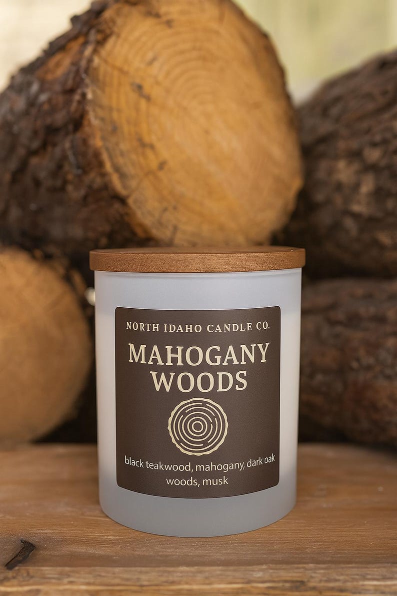 Mahogany Woods Candle – Teakwood and Musk Scent – Masculine Woodsy Candle – Dark & Cozy Fall Home Fragrance – North Idaho Candle Co. image 2