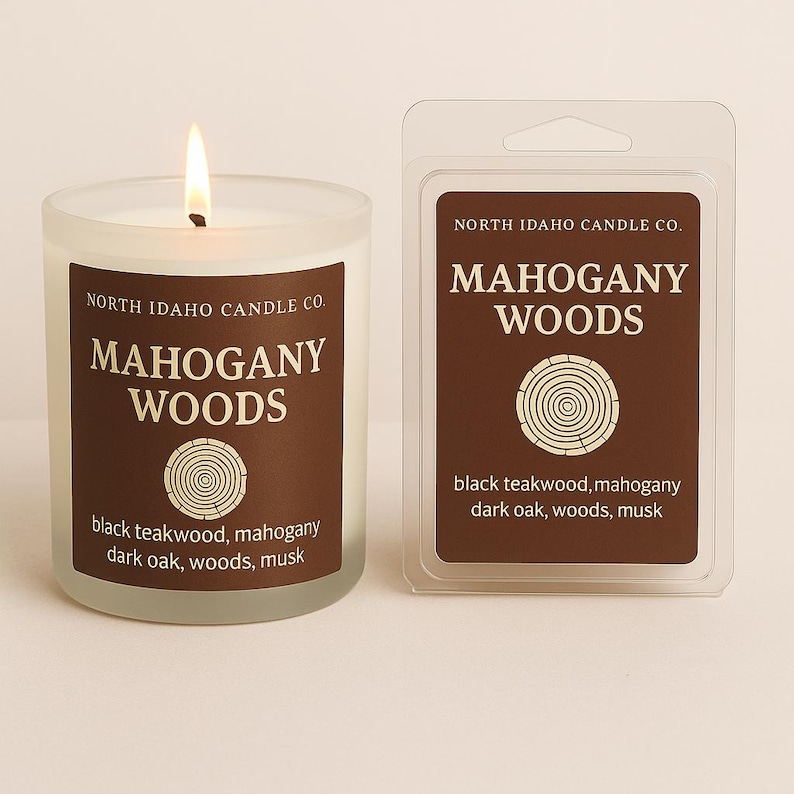 Mahogany Woods Candle – Teakwood and Musk Scent – Masculine Woodsy Candle – Dark & Cozy Fall Home Fragrance – North Idaho Candle Co. image 1