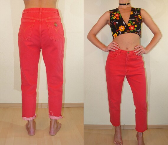 distressed red jeans