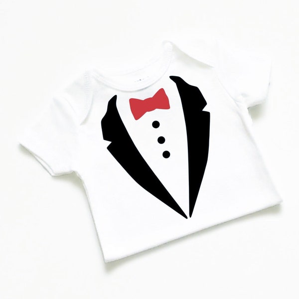 Tuxedo tux baby bodysuit, shirt, top, cute, baby boy, outfit, bow tie, formal, suit, white, black, red, baby shower gift, baby gift idea