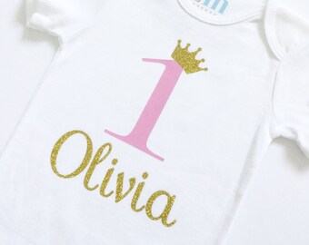 First birthday, one, bodysuit, golden crown,  birthday outfit, cake smash, photo shoot, 1st, glitter, girl boy shirt, T-shirt, personalized