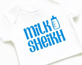 Milk Sheikh baby bodysuit, baby bottle, boy, baby clothes, Islamic, Muslim, gift, baby shower, cute baby, blue, baby clothing, outfit