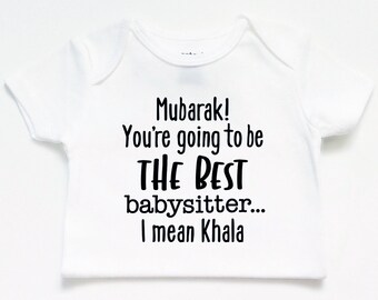 Baby announcement bodysuit, pregnancy reveal, coming soon, new baby girl boy, Islamic Muslim gift, cute clothes, Eid outfit, funny, Khala