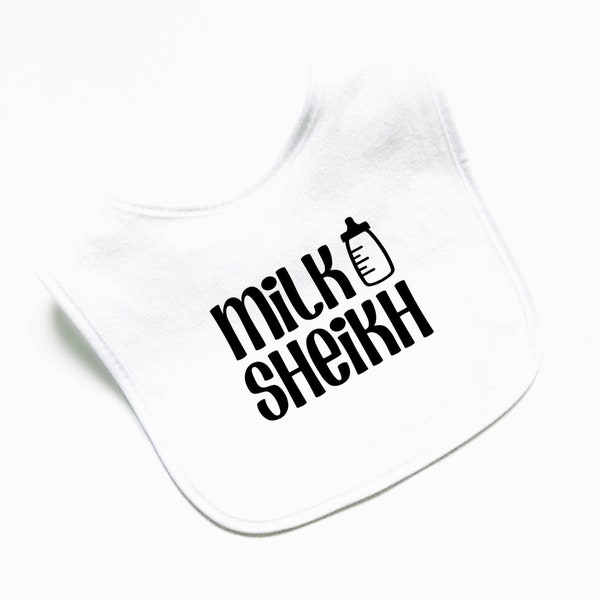 Milk Sheikh baby bib, personalized, Islamic Muslim, cute baby boy girl, snack time, eating, drool, teething, baby shower gifts, cute outfit