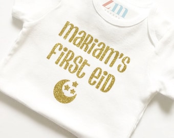 My first Eid bodysuit, Ramadan, Eid ul Fitr, Eid ul Adha, baby, gift, boy, girl, Islamic, Muslim, Eidi, moon, stars, glitter, shirt, clothes