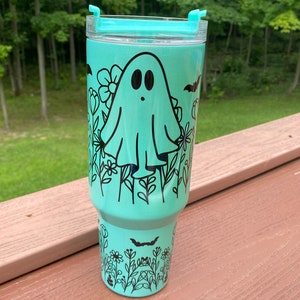 40oz Glitter Shimmer insulated Halloween Tumbler with handle turquiose floral Ghost Bats