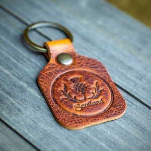 Handmade Leather Scottish Thistle Key Chain - Highland Thistle Key Ring - Scotland Key Fob - Present from Scotland - Gift for Valentine