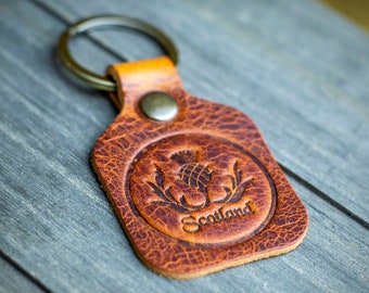 Handmade Leather Scottish Thistle Key Chain - Highland Thistle Key Ring - Scotland Key Fob - Present from Scotland - Gift for Valentine