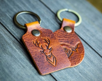 Handmade Leather Highland Stag Key Chain - Scottish Highland Stag Key Ring - Deer Key Fob - Present from Scotland - Gift for Valentine