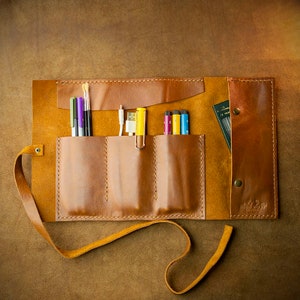 Personalised Handmade Leather Artist Roll Organiser - FREE Personalisation - Make-up Pen Paintbrush Art Travel Case - Gift for Valentine