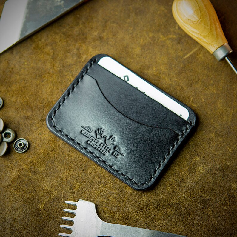 Cartera slim de cuero hecha a mano personalizada - Personalización GRATUITA - Billetera minimalista - Regalo de aniversario personalizado cosido a mano para él Negro