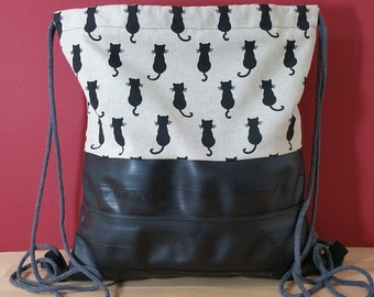 Festival bag, gym bag made from upcycled bicycle tubes and decorative fabric with a cat motif