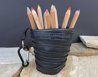 Utensilo made of upcycled bicycle tube for hanging // desk organizer // pen holder // basket for storage