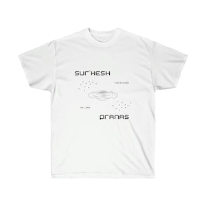 May include: White t-shirt with black text and a graphic of a ripple in water. The text reads "SUR'HESH THE STONES OF LIFE PRANAS".