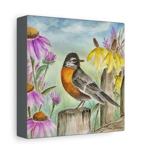 Robin Watercolor Canvas Print: Floral Nature Wall Art
