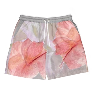 Aquarel hibiscus bloemenprint uniseks zwemshort, tropische strandkleding, handgeschilderde boardshort met bloemen, resortkleding, vakantiekleding