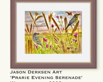 Framed Bird Watercolor Art Print, Meadowlark Prarie Landscape Painting, Cottage Core Wall Decor