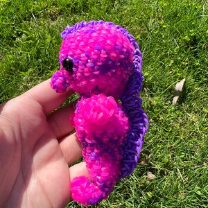 Puede incluir: Un caballito de mar de gomas el&aacute;sticas rosa y morado. El caballito de mar est&aacute; hecho de gomas el&aacute;sticas de colores y tiene un ojo negro.