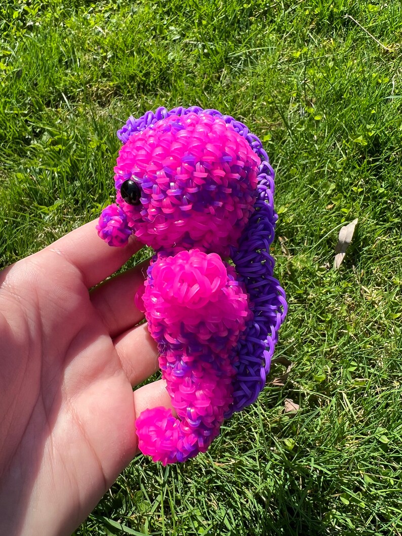 Puede incluir: Un caballito de mar de gomas el&aacute;sticas rosa y morado. El caballito de mar est&aacute; hecho de gomas el&aacute;sticas de colores y tiene un ojo negro.
