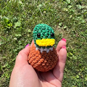 Op de afbeelding: Een groene, gele en bruine elastiekjes eend. De eend heeft zwarte ogen en een witte snavel.