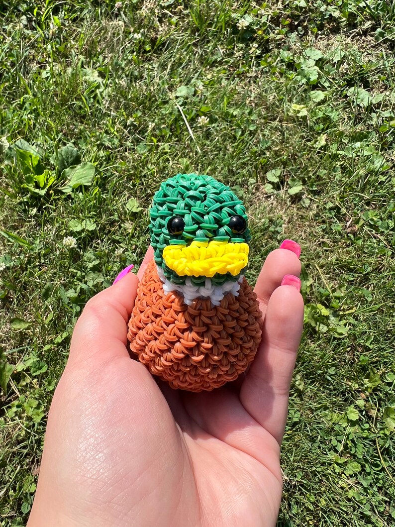 Op de afbeelding: Een groene, gele en bruine elastiekjes eend. De eend heeft zwarte ogen en een witte snavel.