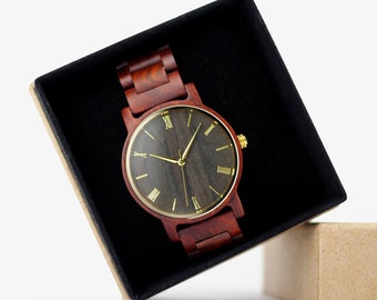 Reloj de madera de sándalo rojo / Reloj de madera / Reloj de madera para hombre / Regalo personalizado para él / Conjunto de reloj de regalo para padrinos de boda / Regalo de prometido / Reloj de madera