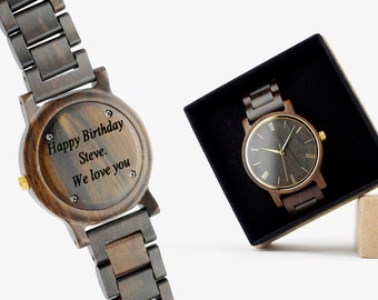 Regalo de cumpleaños personalizado / Regalo de prometido / Reloj de madera minimalista / Relojes de madera grabados / Reloj de madera para hombre / Reloj de oro de sándalo negro