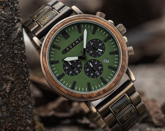 Reloj de madera; Explorer S - 44 mm (sándalo verde y acero de latón), para hombres, regalo personalizado, grabado personalizado, regalo de aniversario, AVANTwatches