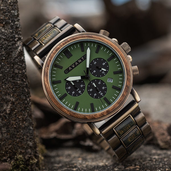 Wood Watch; Explorer S - 44mm (Green Sandalwood & Brass Steel), For Men, Personalized Gift, Custom Engraving, Anniversary Gift, AVANTwatches