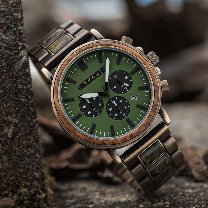 Wood Watch Explorer S 44mm Green Sandalwood & Brass Steel, For Men, Personalized Gift, Custom Engraving, Anniversary Gift, AVANTwatches image 1