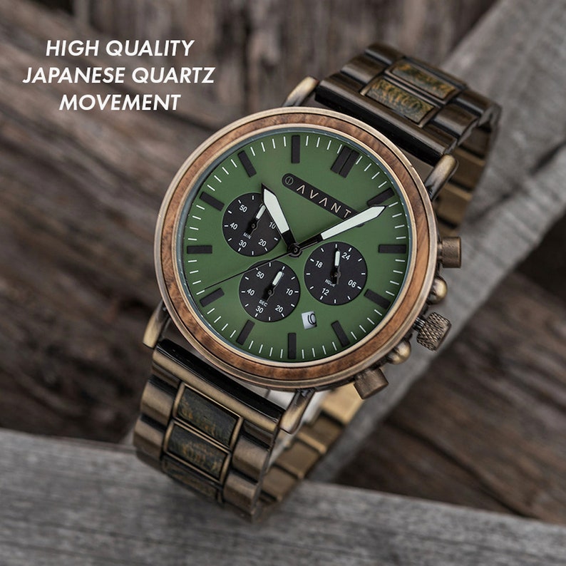 Wood Watch Explorer S 44mm Green Sandalwood & Brass Steel, For Men, Personalized Gift, Custom Engraving, Anniversary Gift, AVANTwatches image 6