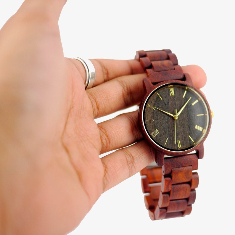 Red Sandal Wood Watch Wooden Watch Men's Wood Watch Personalized Gift for Him Groomsmen Gift Watch Set Fiancé Gift Wooden Watch image 2