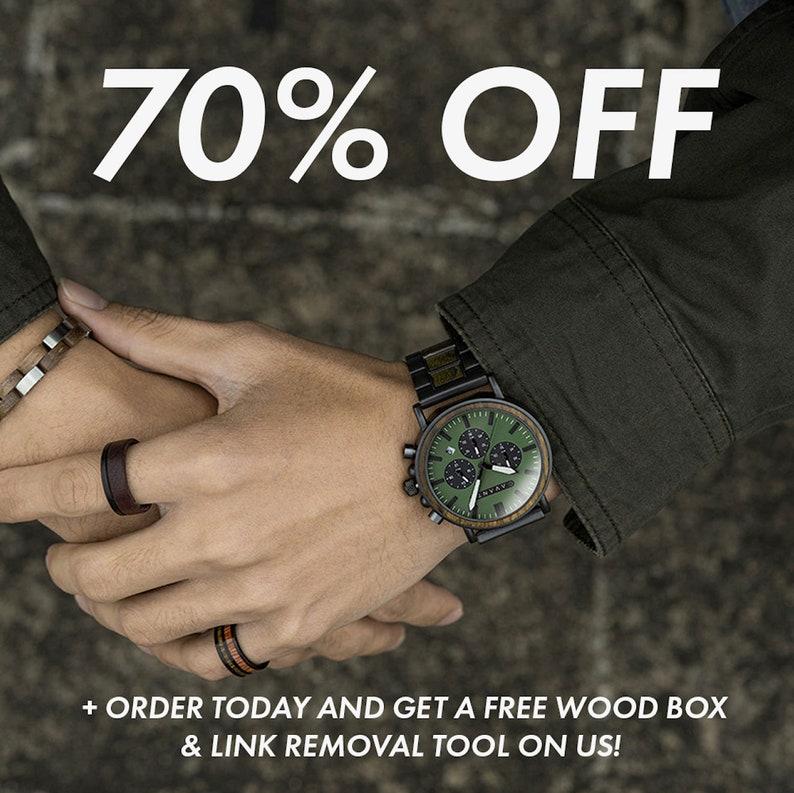 Engraved Wood Watch Explorer S 44mm Green Sandalwood & Black Steel, Mens, Personalized Gift, Groomsmen Gift Set, Handcrafted by Avant zdjęcie 4