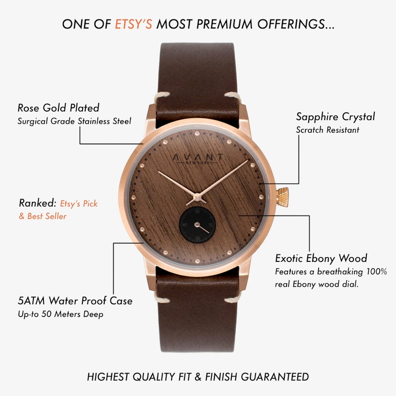 May include: A rose gold plated watch with a brown leather strap and a wooden face. The watch is water resistant up to 50 metres and features a sapphire crystal face. The watch is made with surgical grade stainless steel and has a real ebony wood dial.