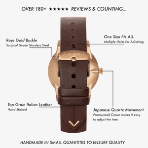 May include: A rose gold watch with a brown leather strap and a white face. The watch has a Japanese quartz movement and a pronounced crown for easy time adjustment. The strap is hand-stitched and features multiple holes for adjusting the fit. The buckle is made of surgical grade stainless steel. The watch is handmade in small quantities to ensure quality.