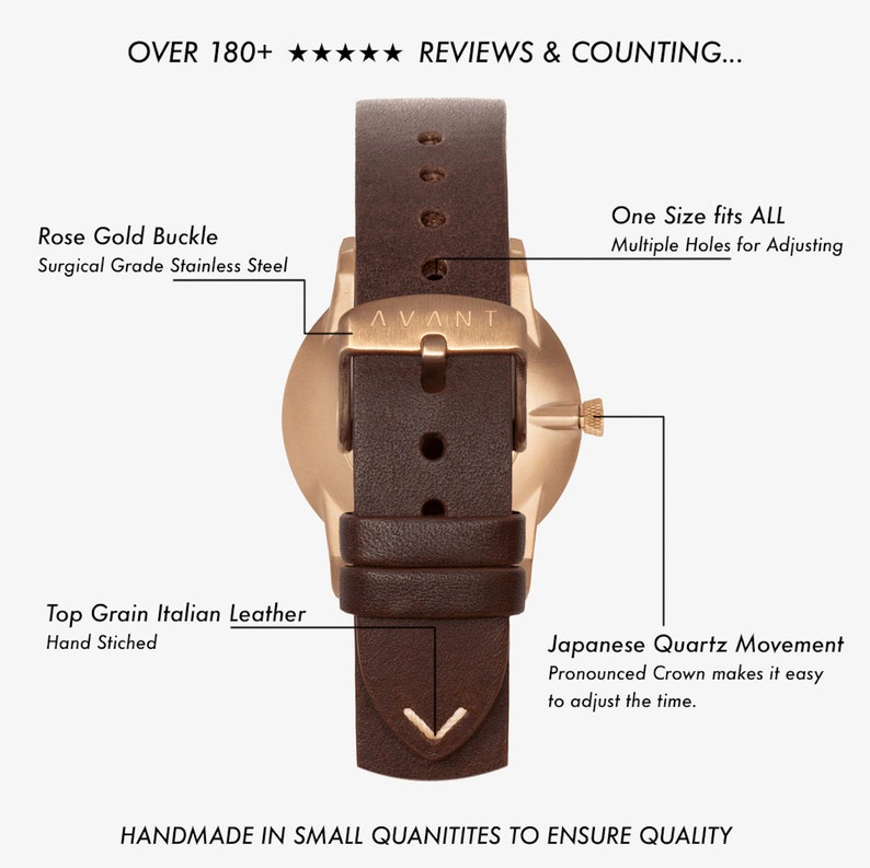 May include: A rose gold watch with a brown leather strap and a white face. The watch has a Japanese quartz movement and a pronounced crown for easy time adjustment. The strap is hand-stitched and features multiple holes for adjusting the fit. The buckle is made of surgical grade stainless steel. The watch is handmade in small quantities to ensure quality.