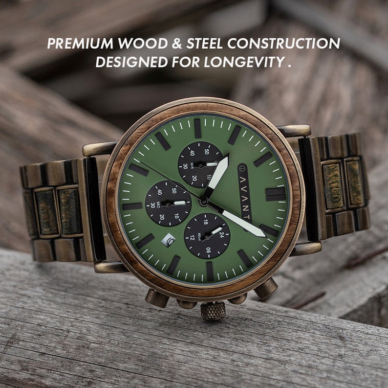 Wood Watch Explorer S 44mm Green Sandalwood & Brass Steel, For Men, Personalized Gift, Custom Engraving, Anniversary Gift, AVANTwatches image 4