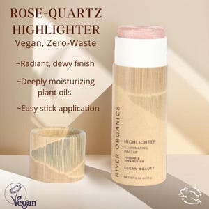 River Organics Rose Quartz Highlighter features - clean beauty illuminator with plant-based ingredients, cruelty-free certified makeup in plastic-free packaging.