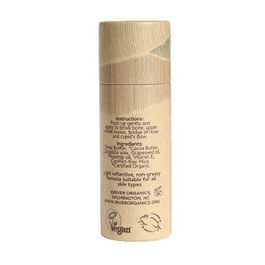 Back of River Organics vegan highlighter showing certified organic ingredients and cruelty-free certifications.