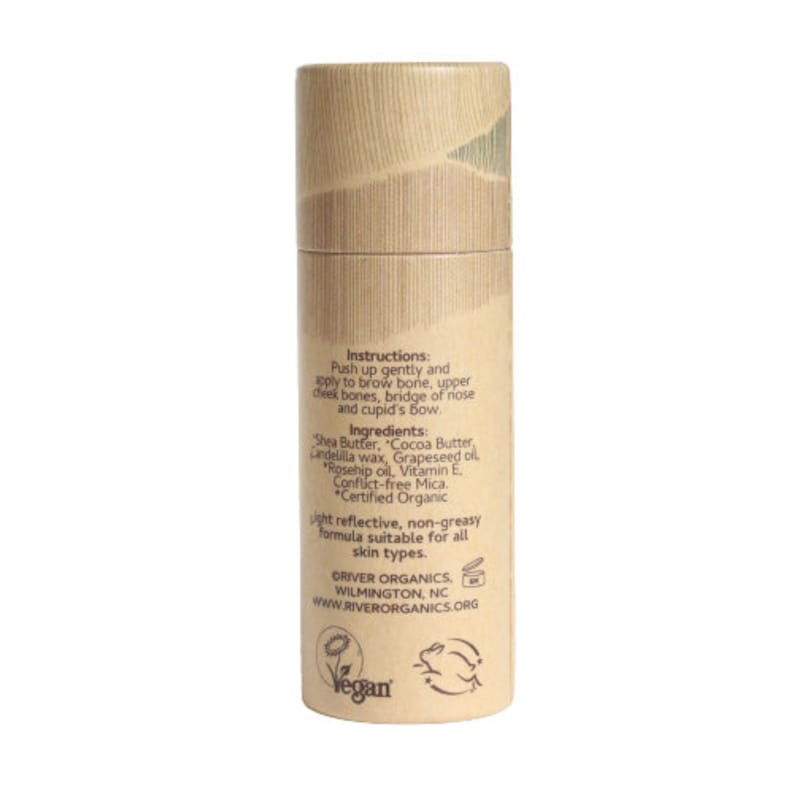 Back of River Organics vegan highlighter showing certified organic ingredients and cruelty-free certifications.