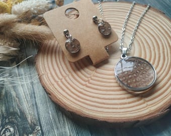 Handmade jewelry set - pendant, necklace, and earrings made of synthetic resin with real feather - resinart - diy