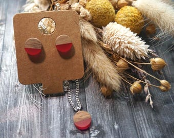 handmade jewelry set - pendant, necklace and earrings made of wood, stainless steel and synthetic resin, resin art, diy, handmade