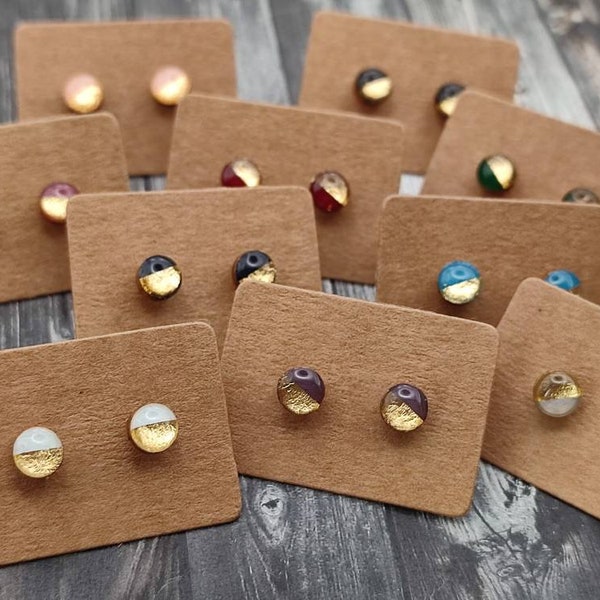 hypoallergenic wooden ear studs in 6 mm, 8 mm or 10 mm half gold (without metals, hand-painted) - synthetic resin, with stainless steel studs on request