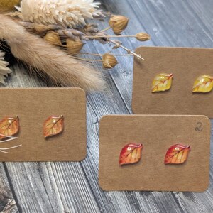May include: Three pairs of leaf-shaped stud earrings displayed on brown cards. The earrings feature detailed veins and a glossy finish, with colors ranging from yellow to red. The background includes dried flowers and a wooden surface.