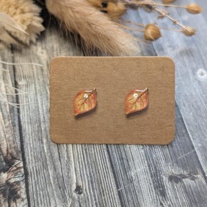 Puede incluir: Un par de pendientes de bot&oacute;n con forma de hoja. Los pendientes son de color marr&oacute;n claro con detalles en naranja y amarillo, y una peque&ntilde;a gema transparente en el centro. Se presentan sobre una tarjeta marr&oacute;n.