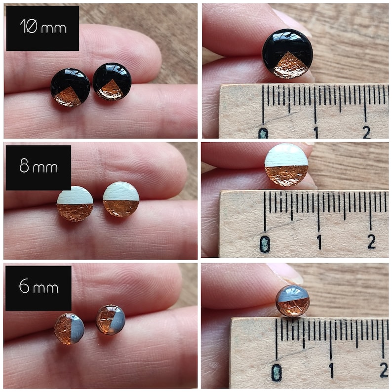 May include: Three pairs of earrings with different sizes and colors. The earrings are made of resin and have a copper foil accent. The sizes are 10 mm, 8 mm, and 6 mm.