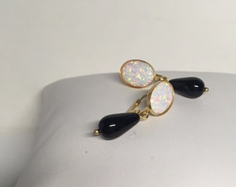 Opal and Onyx Earrings, 24kt gold plated-Original