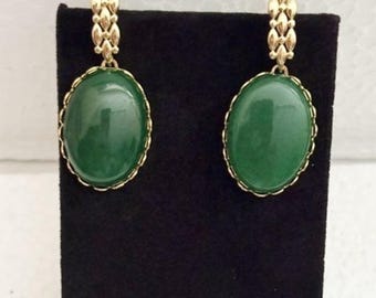 Cabochon Jade Green Earrings, 18kt Gold Plate.
